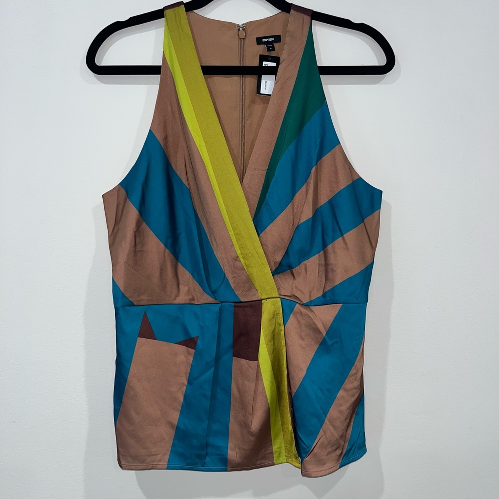 Express Satin sleeveless wrap look top abstract brown tan blue green size M NWT